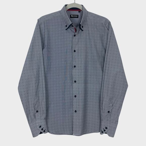 Re camicia di moda Mens Blue Embroidered Long Sleeve Button Down Shirt - Picture 1 of 6